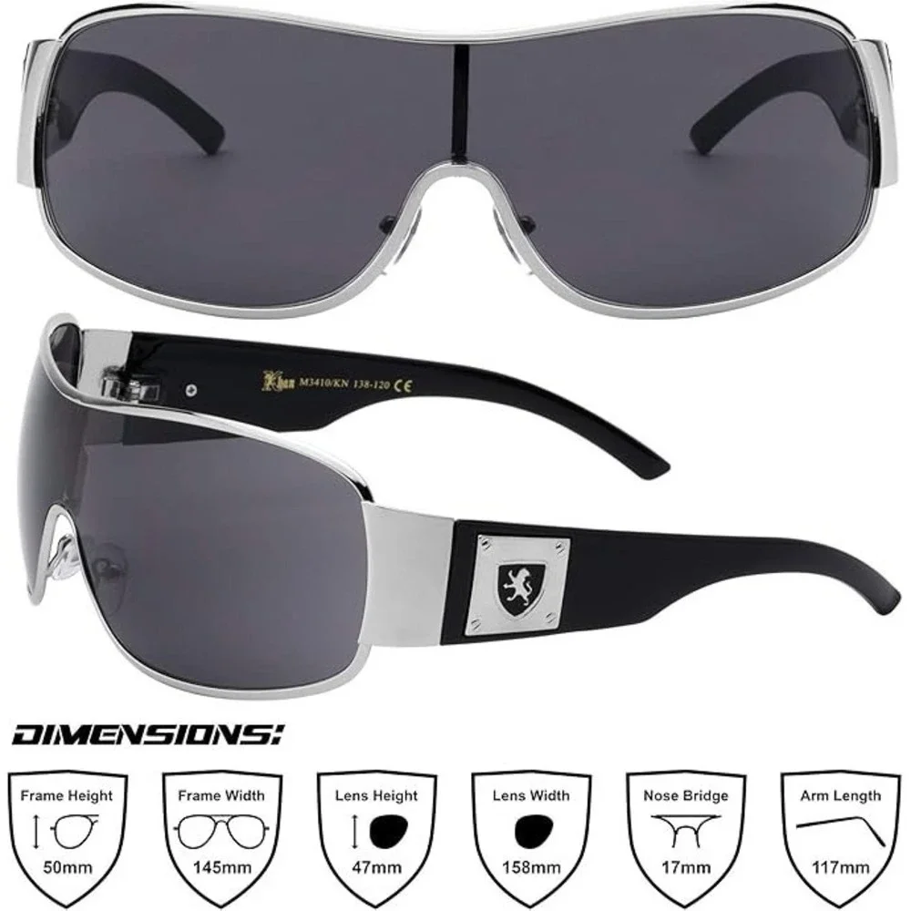Men Shield Sunglasses Silver Black Wrap Around UV400 Hip Hop Gangster Streetwear